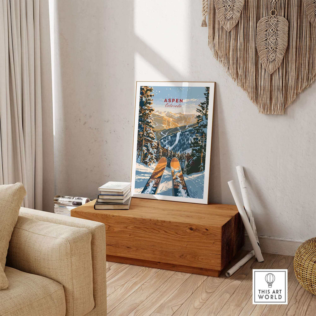 Aspen Print Colorado ski poster displayed in a cozy living room setting, perfect for outdoor enthusiasts and home decor.