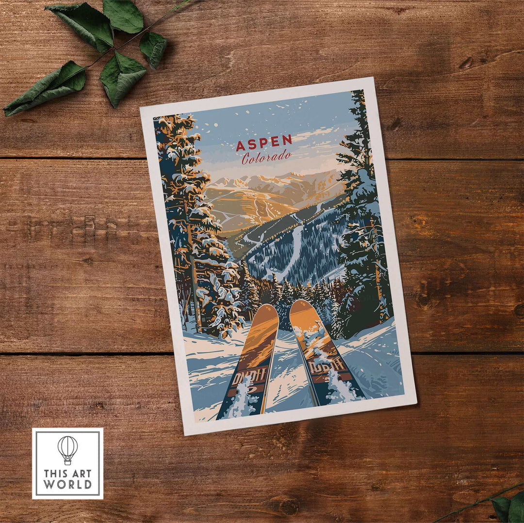 Aspen Print Colorado Ski Poster on Wooden Table, Capturing Winter Adventure and Natural Beauty