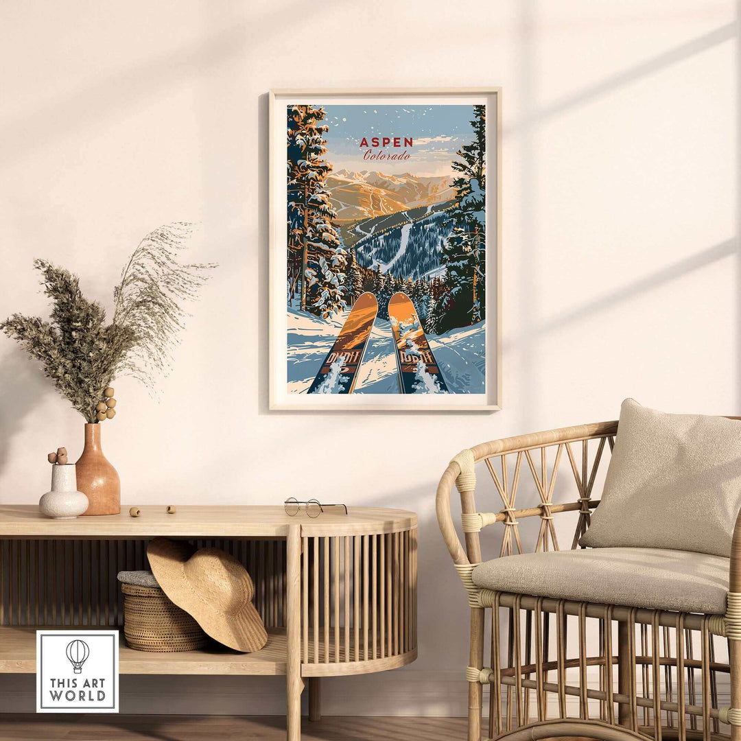 Aspen ski poster in wooden frame on wall, capturing Colorado's winter landscape, enhancing home decor with adventure theme.