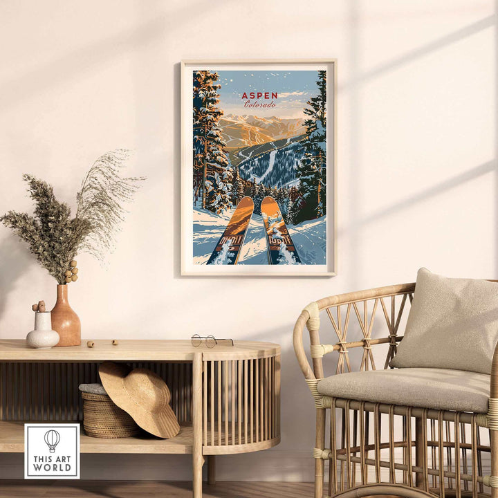 Aspen ski poster in wooden frame on wall, capturing Colorado's winter landscape, enhancing home decor with adventure theme.