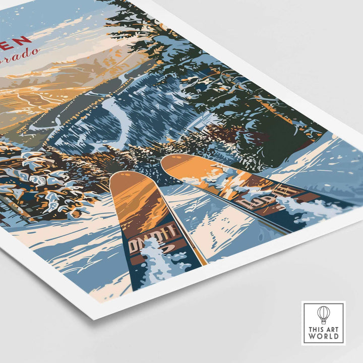 Scenic Aspen Colorado ski poster showcasing winter landscape and adventure, perfect for outdoor enthusiasts and home decor.