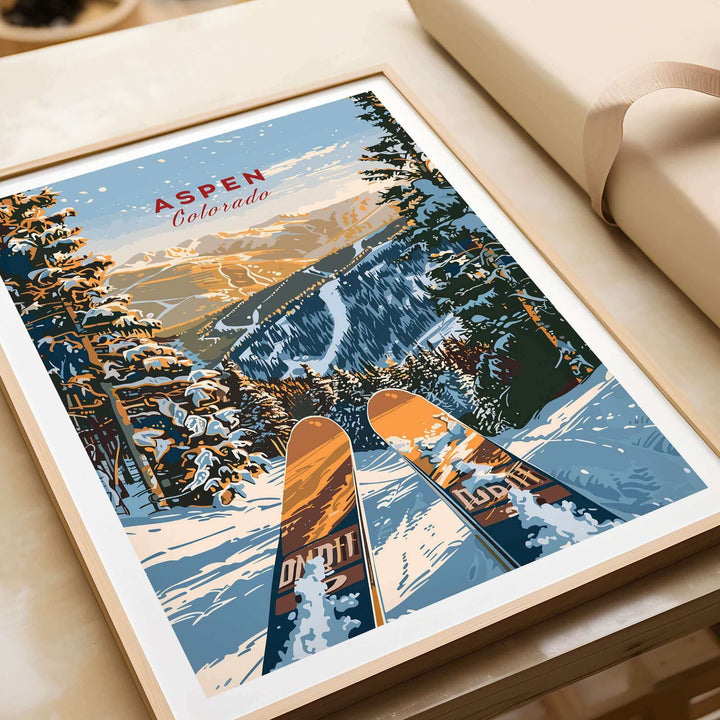 Ski poster of Aspen, Colorado with snowy mountains and skis, perfect for outdoor enthusiasts.