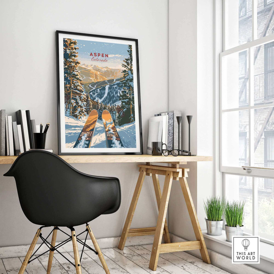 Aspen Colorado ski poster displayed on wall in modern office, showcasing mountain scenery and adventure allure. Perfect for outdoor enthusiasts.