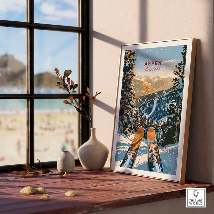 Aspen ski poster on window ledge with snowy mountain scene, capturing the adventure and beauty of Colorado. Ideal for outdoor enthusiasts.