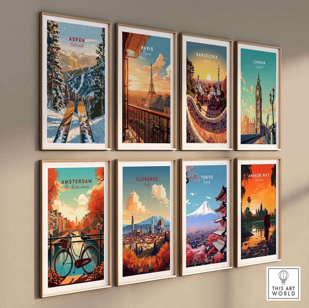 Wall display featuring Aspen Colorado ski poster and international travel prints for Paris, Barcelona, London, Amsterdam, Florence, Tokyo, and Angkor Wat.