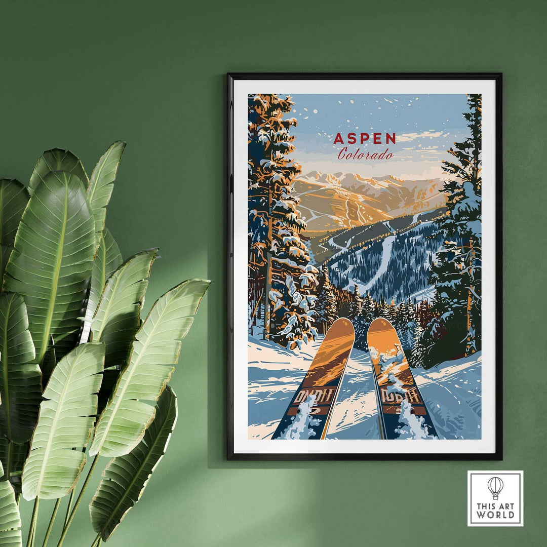 Ski poster of Aspen, Colorado featuring snowy mountain scenery with skis in foreground, perfect for outdoor enthusiasts.