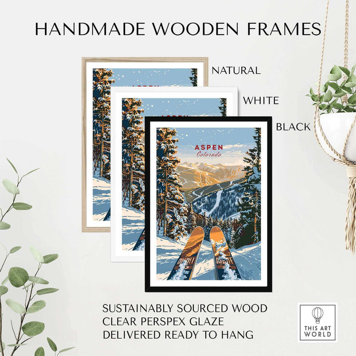 Aspen Print Colorado ski poster in handmade wooden frames, available in natural, white, and black. Perfect for outdoor enthusiasts.