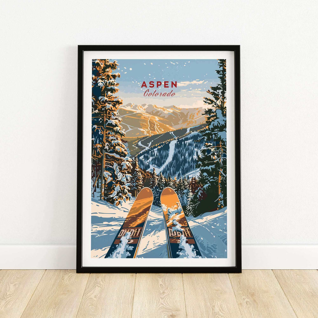 Aspen Colorado ski poster depicting scenic winter landscape with snow-covered trees and mountains, evoking adventure and natural beauty.