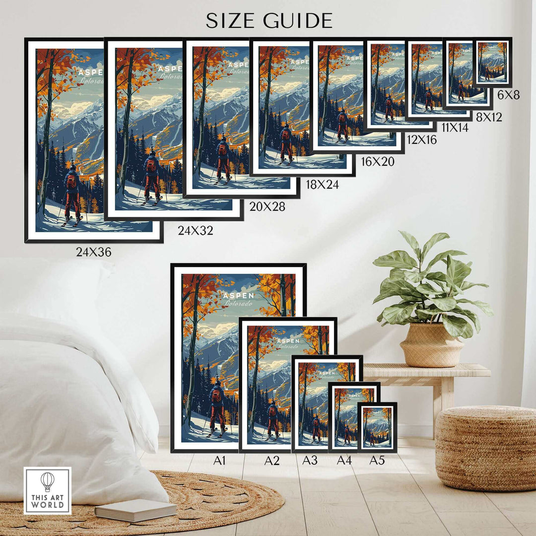 Aspen Print Ski Poster size guide featuring various dimensions displayed on a wall in a stylish living room setting with plants.