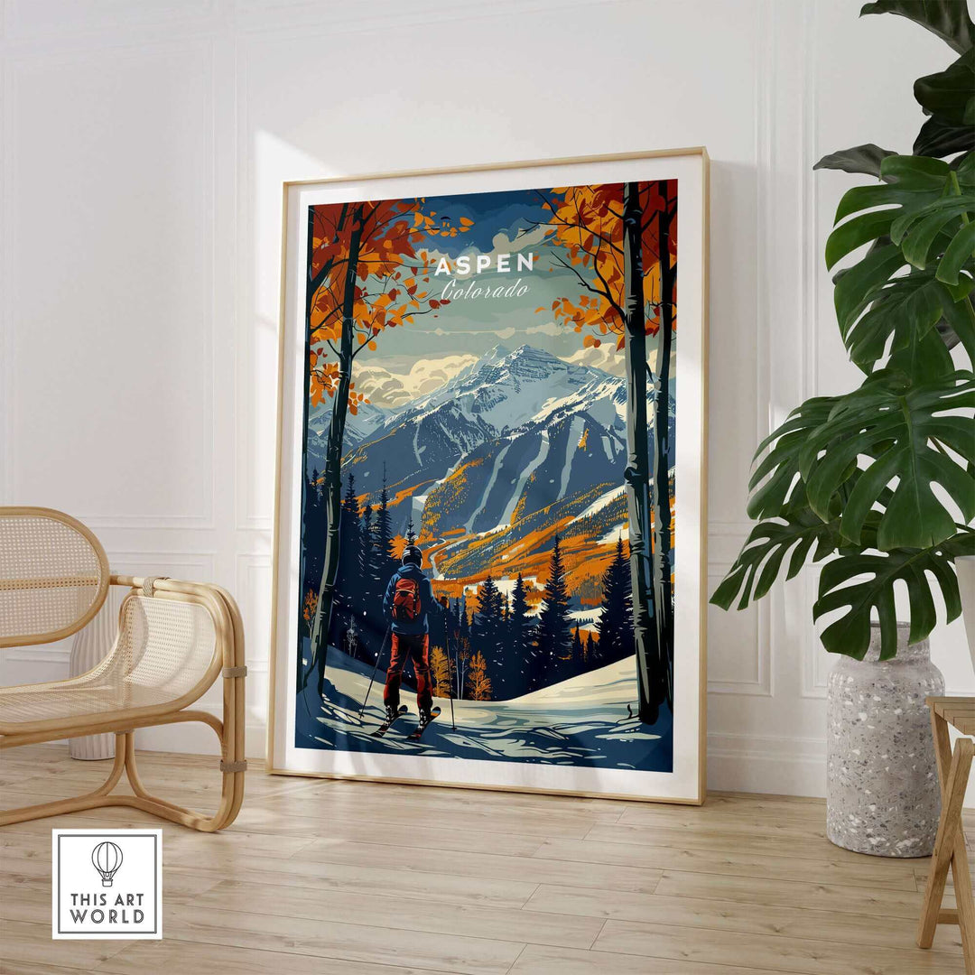 Aspen Print Ski Poster showcasing vibrant mountain scenery, ideal for home decor and ski enthusiasts, set in a stylish living room.