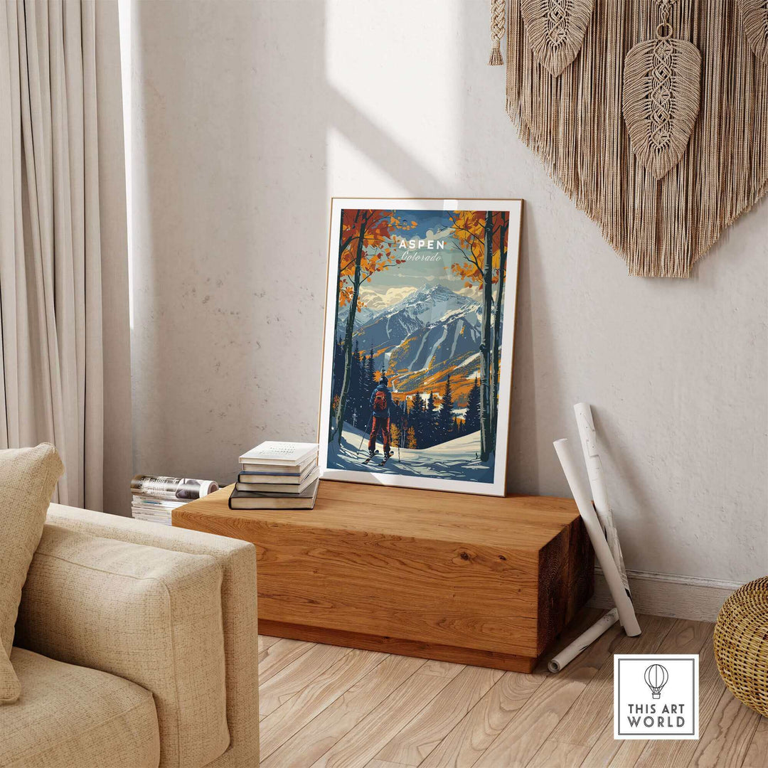 Aspen Print Ski Poster in cozy living room setting with vibrant mountain colors, perfect ski wall art for home decor enthusiasts.