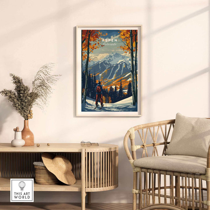 Aspen Print Ski Poster in Room Decor, Vibrant Mountain Art, Perfect for Ski Enthusiasts, Cozy Home Interior Design