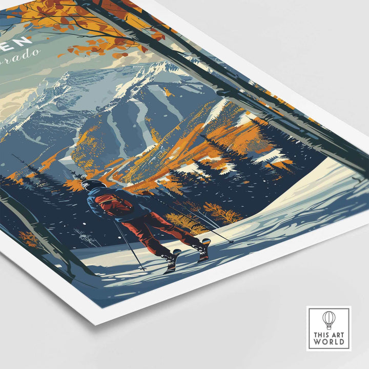 Aspen Print Ski Poster featuring vibrant mountain landscape and skier, perfect for ski enthusiasts and home decor lovers.