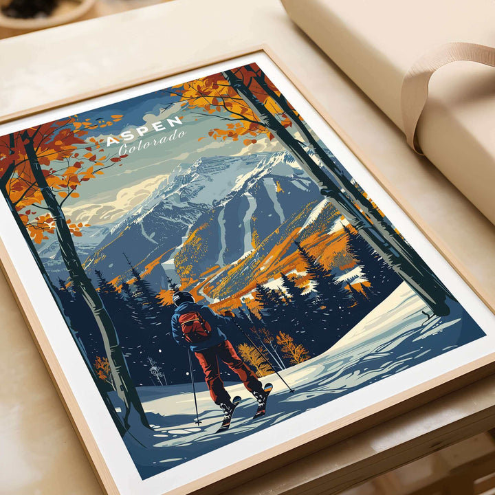 Aspen Print Ski Poster featuring a skier on vibrant snowy slopes, ideal for ski enthusiasts and home decor.