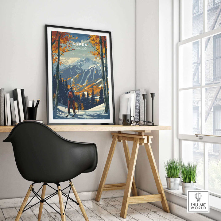 Aspen Print Ski Poster in home office with mountain scenery and fall colors, adding vibrant decor and wanderlust inspiration.