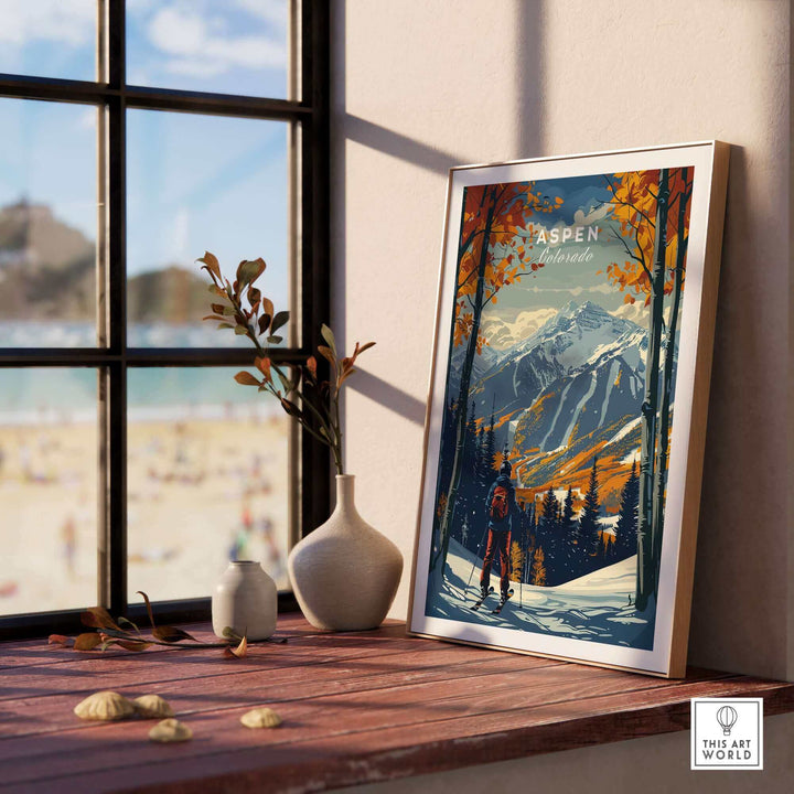 Aspen Print Ski Poster showcasing vibrant fall colors and snowy mountains, perfect for ski enthusiasts and home decor.