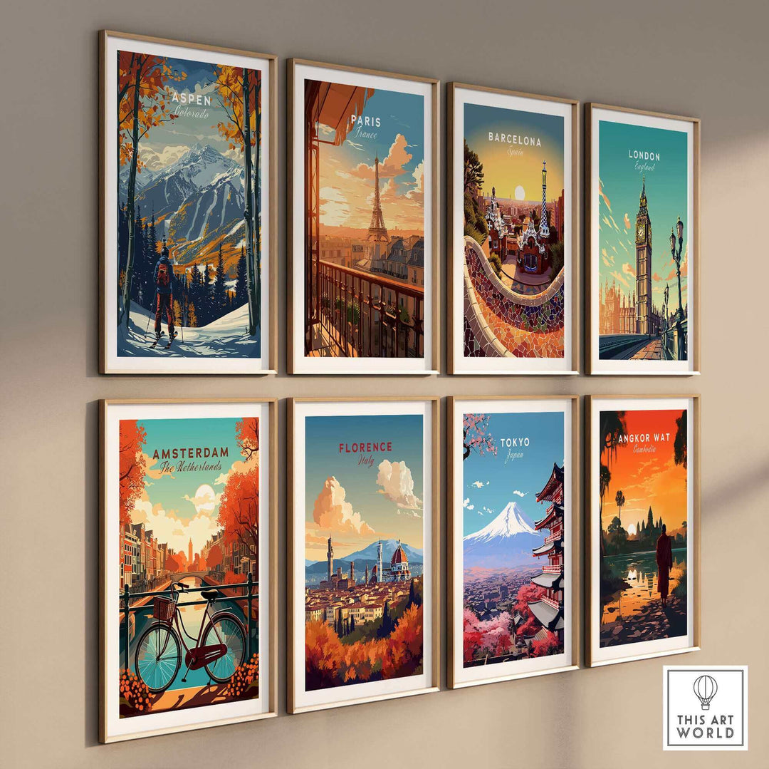 Wall display of travel posters featuring Aspen ski scene and iconic landmarks from Paris, Barcelona, London, Amsterdam, Florence, Tokyo, and Angkor Wat.