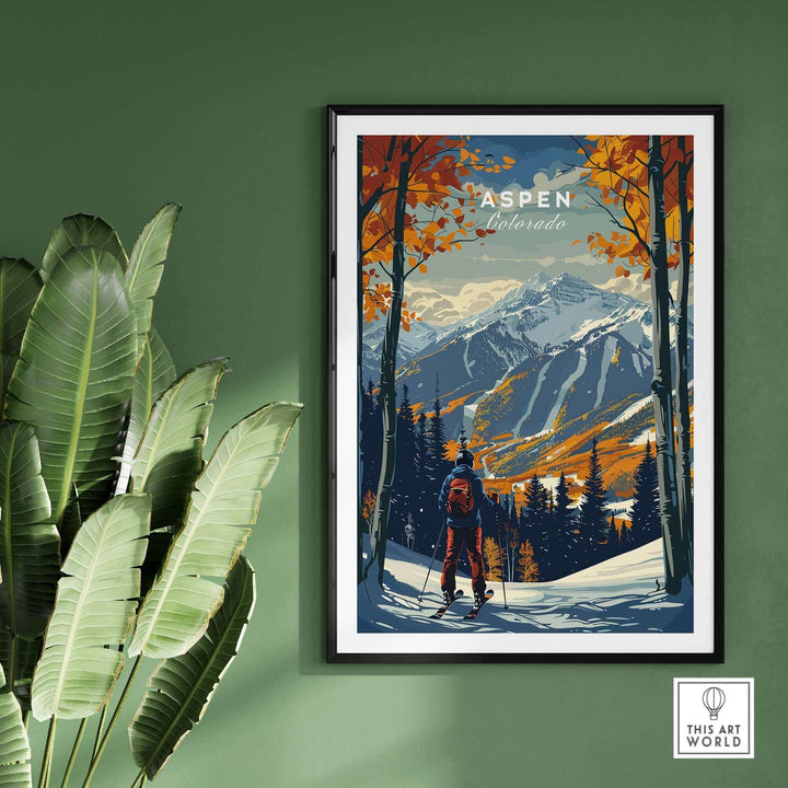 Aspen print ski poster with vibrant mountain scene on green wall, perfect for ski enthusiasts and home decor.