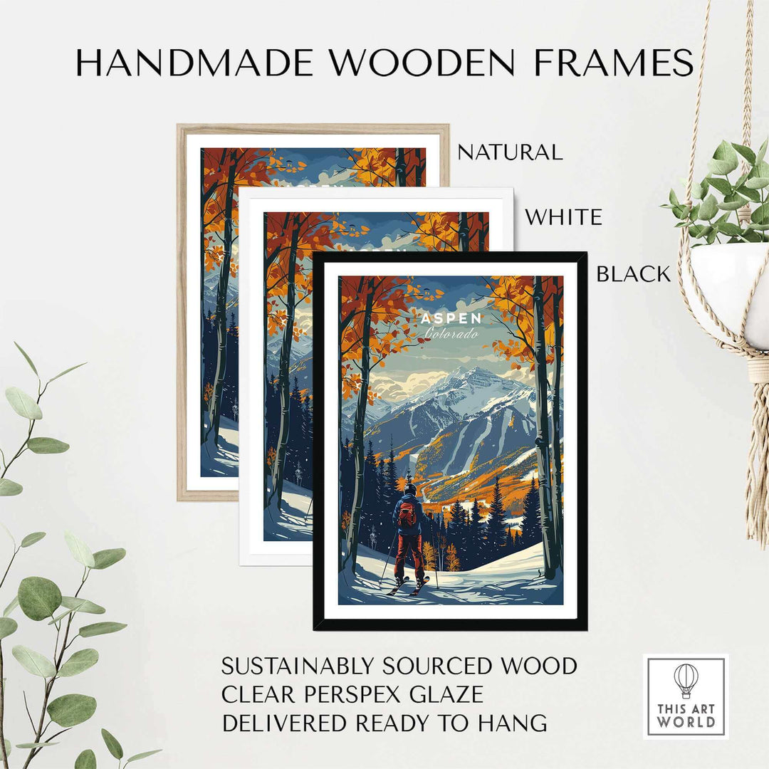 Aspen Ski Poster in natural, white, and black handmade wooden frames, featuring vibrant mountain scenery.