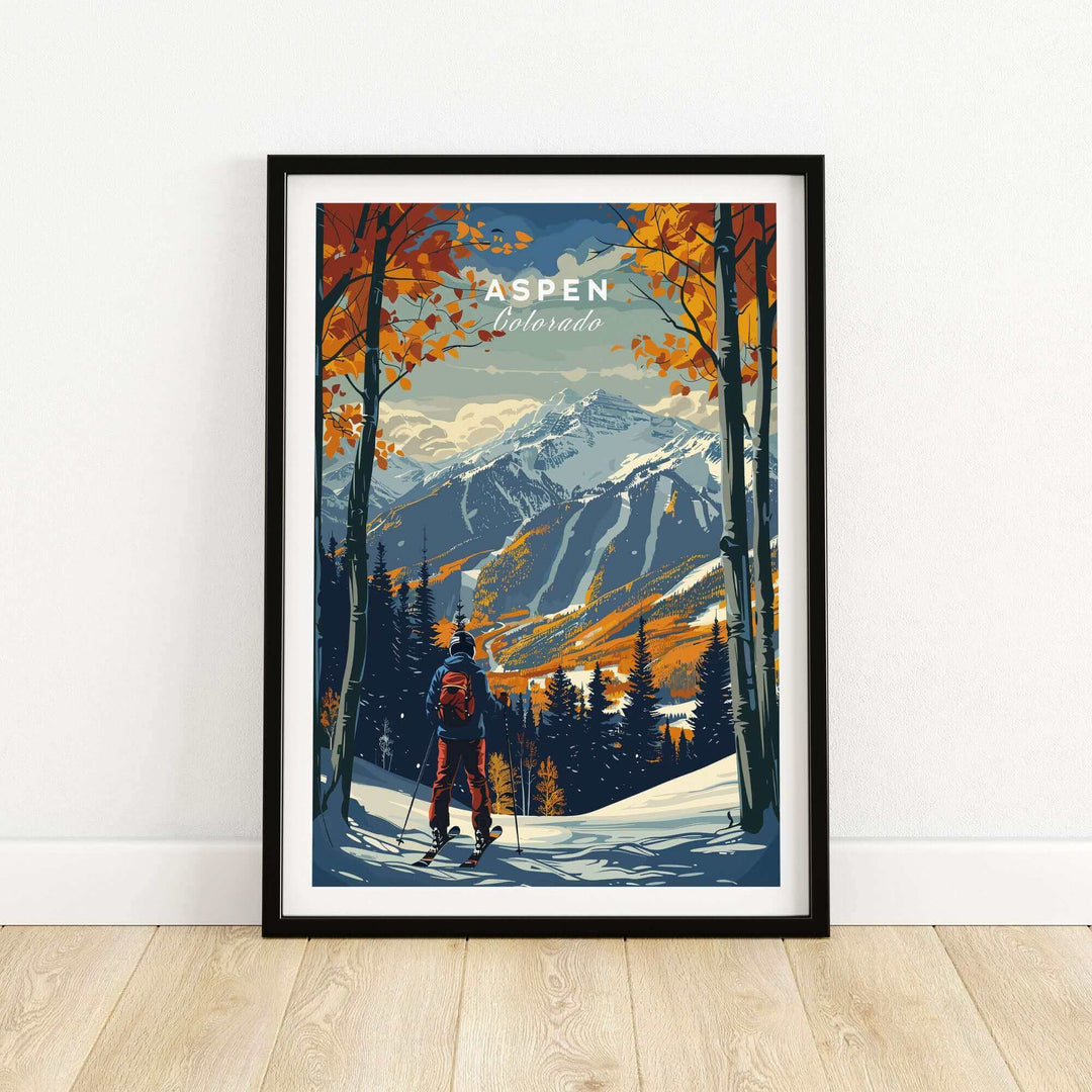 Aspen Print Ski Poster with vibrant colors showcasing Colorado mountains, perfect for ski enthusiasts and home decor.