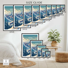 Aspen Ski Poster size guide showcasing various dimensions for wall art, perfect for home decor or gifts for winter sports enthusiasts.