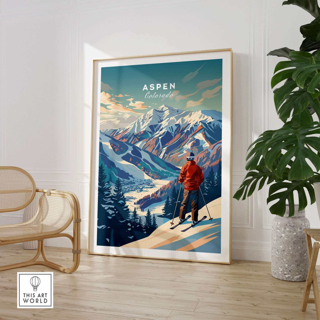 Aspen Ski Poster featuring skier in red coat overlooking snowy mountains, perfect winter wall art decor for Colorado enthusiasts.