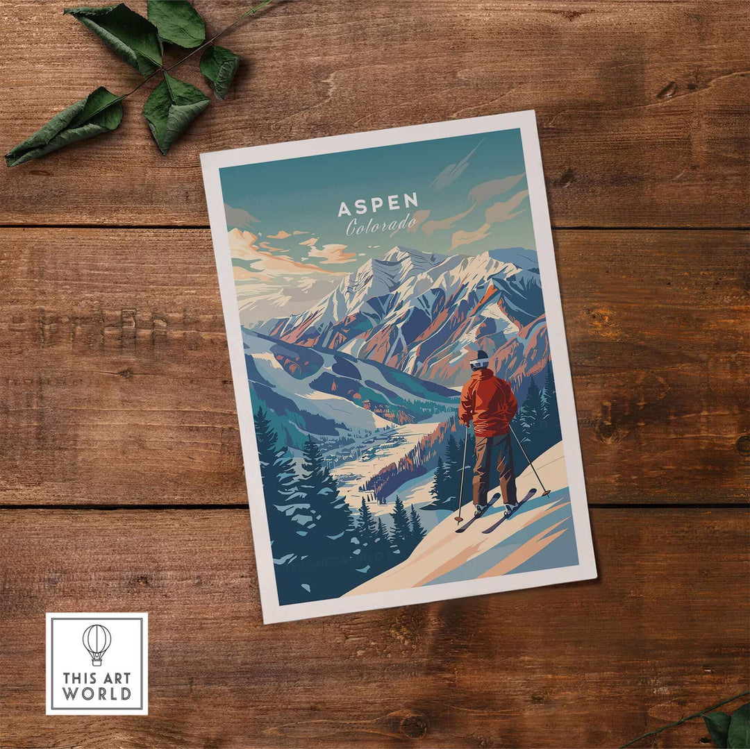 Aspen Ski Poster showcasing a skier in mountains, perfect for winter sports enthusiasts and home decor, Colorado art print.