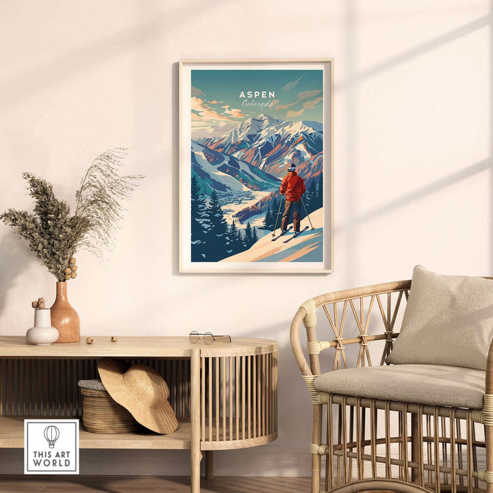 Aspen Ski Poster on wall, depicting skier in Colorado mountains, enhancing winter home decor with adventure theme