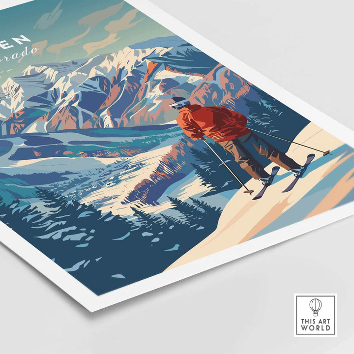 Aspen Ski Poster featuring skier on snowy slopes with mountain backdrop, perfect for winter sports enthusiasts and home decor.