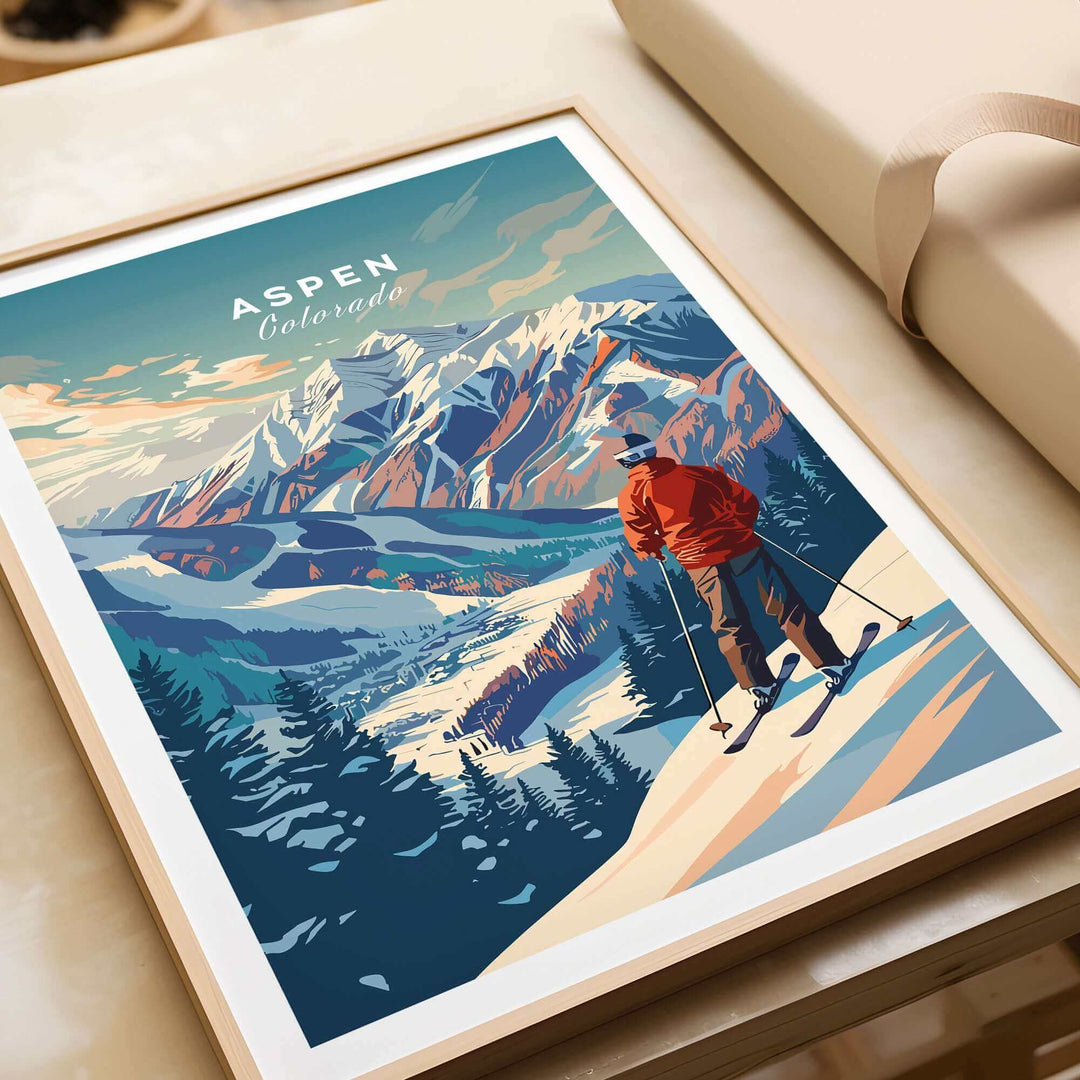 Aspen ski poster featuring skier with scenic mountain view, perfect winter sports wall art for home decor or gift.