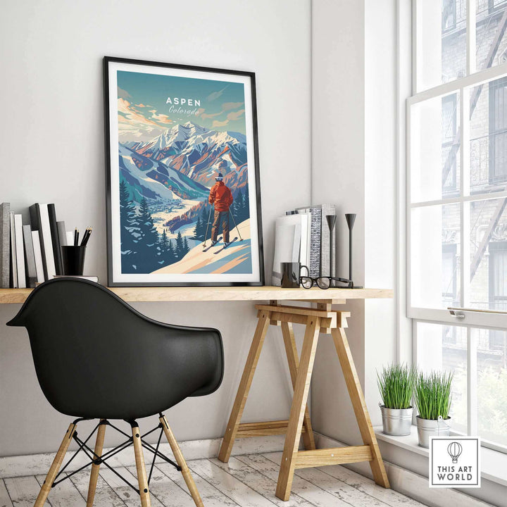 Aspen Ski Poster in modern office decor, featuring a skier amidst snowy mountains, capturing the thrill of Aspen, Colorado.