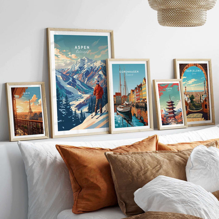 Aspen Ski Poster displayed on wall with other city posters, enhancing winter decor with scenic ski imagery and travel-inspired art.