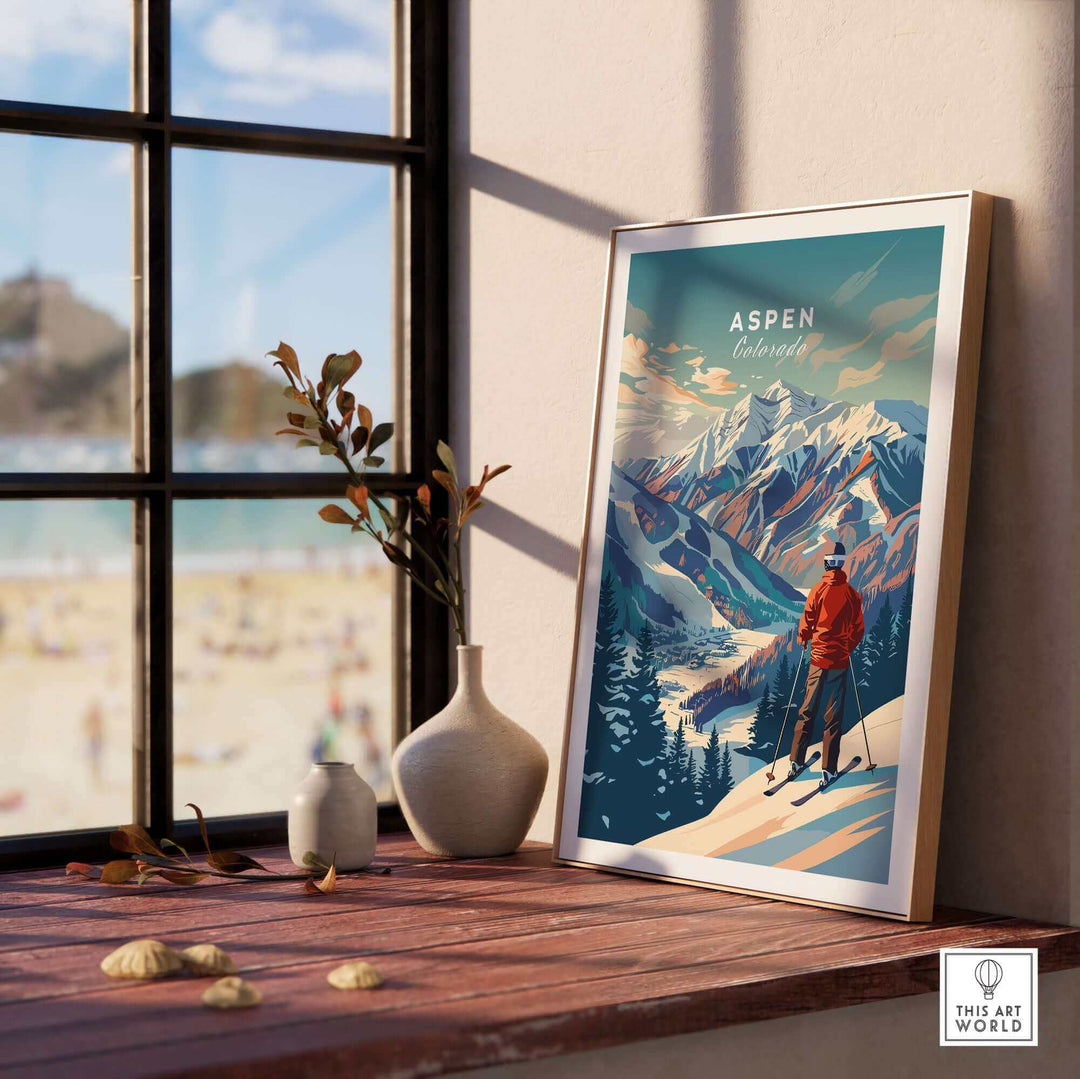 Aspen Ski Poster on ledge with mountains, skier artwork; winter decor for adventure lovers; perfect Colorado ski wall art gift.