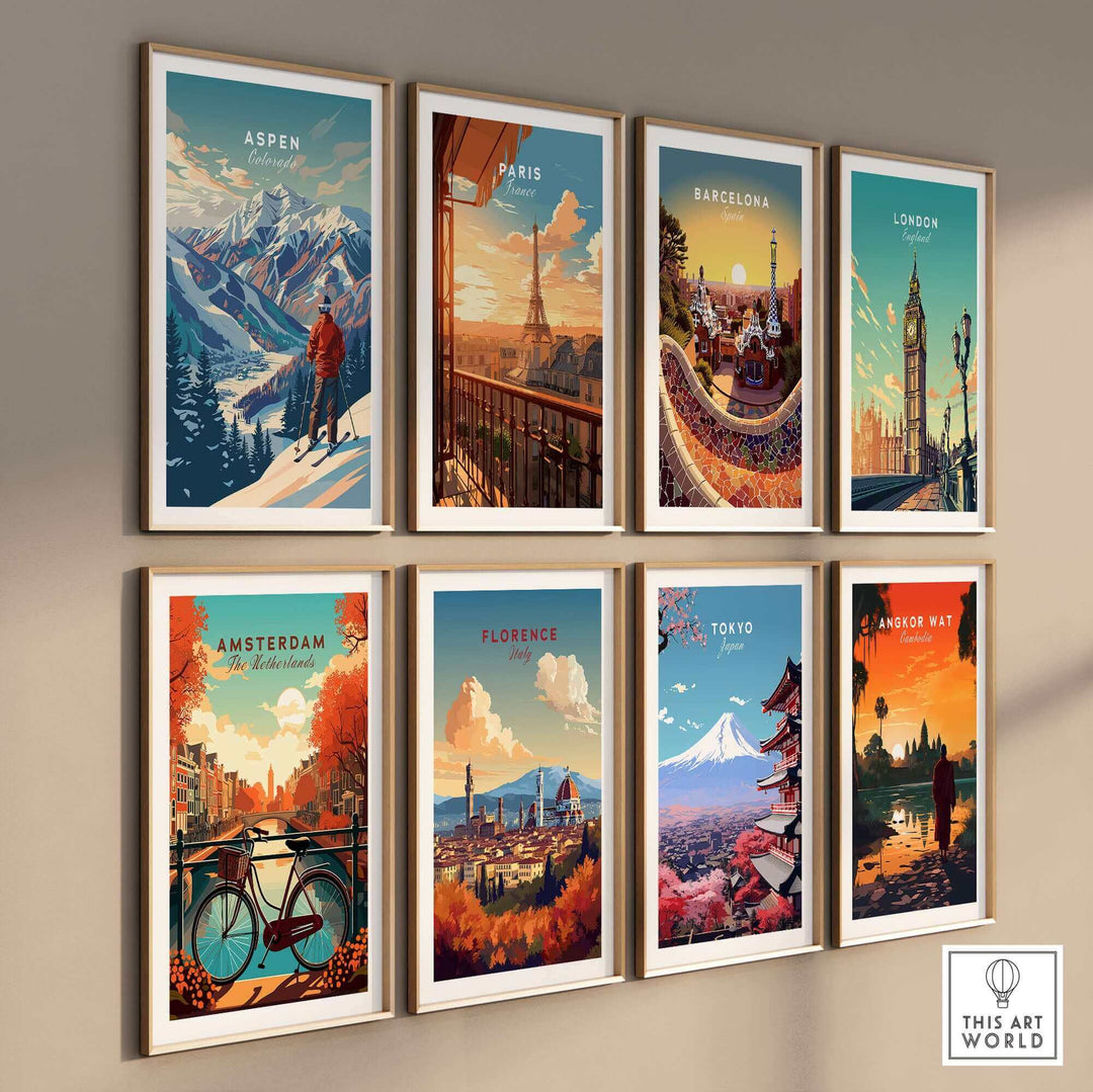 Wall display featuring art posters of Aspen, Paris, Barcelona, London, Amsterdam, Florence, Tokyo, and Angkor Wat.