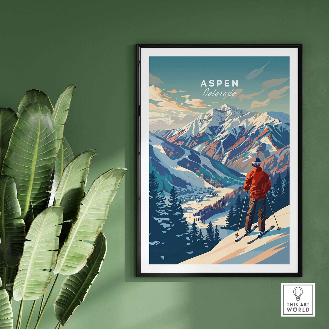 Vintage-style Aspen ski poster with skier overlooking snowy mountains, ideal for winter sports enthusiasts or home decor.