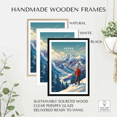 Aspen Ski Poster with handmade wooden frames in natural, white, and black. Sustainable ski wall art decor ready to hang.