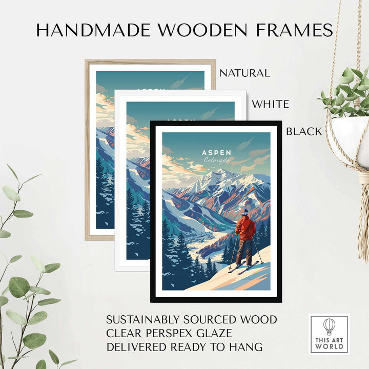 Aspen Ski Poster with handmade wooden frames in natural, white, and black. Sustainable ski wall art decor ready to hang.