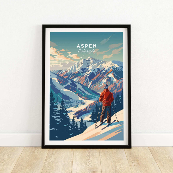 Vintage Aspen ski poster featuring a skier overlooking snowy mountains, perfect wall art for winter sports enthusiasts and home decor.