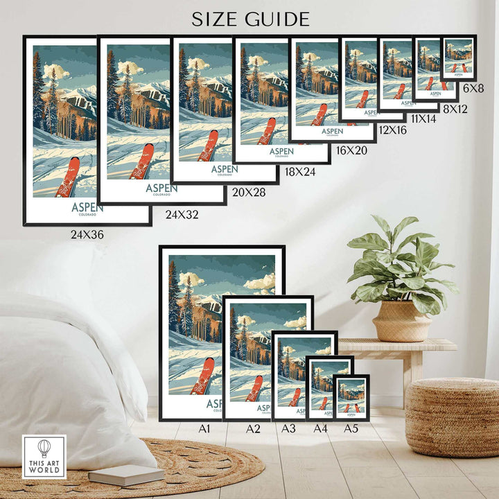 Size guide for Aspen Ski Print featuring framed options and ski-themed decor in a cozy room setting.