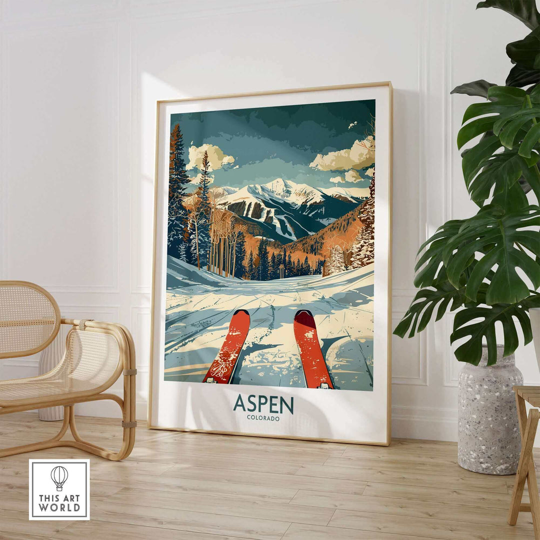 Aspen Ski Print showcasing Colorado's stunning mountains and ski slopes, perfect for nature enthusiasts and home decor.