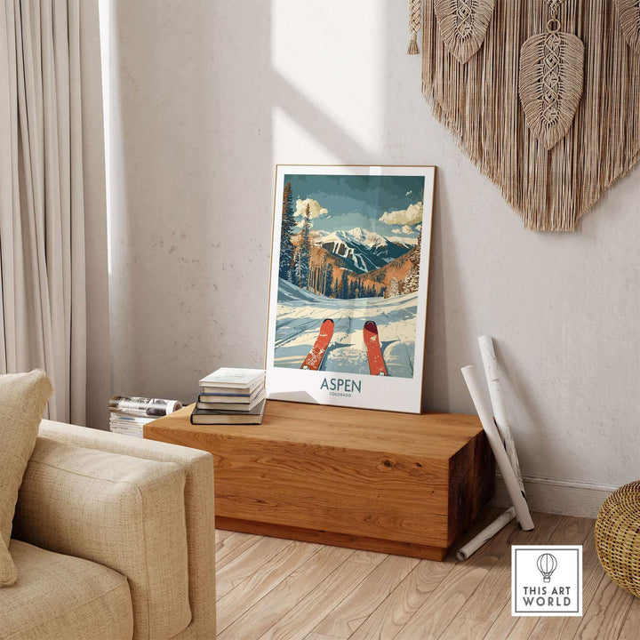 Aspen Ski Print in a cozy living room setting, showcasing Colorado’s majestic mountains and ski culture.