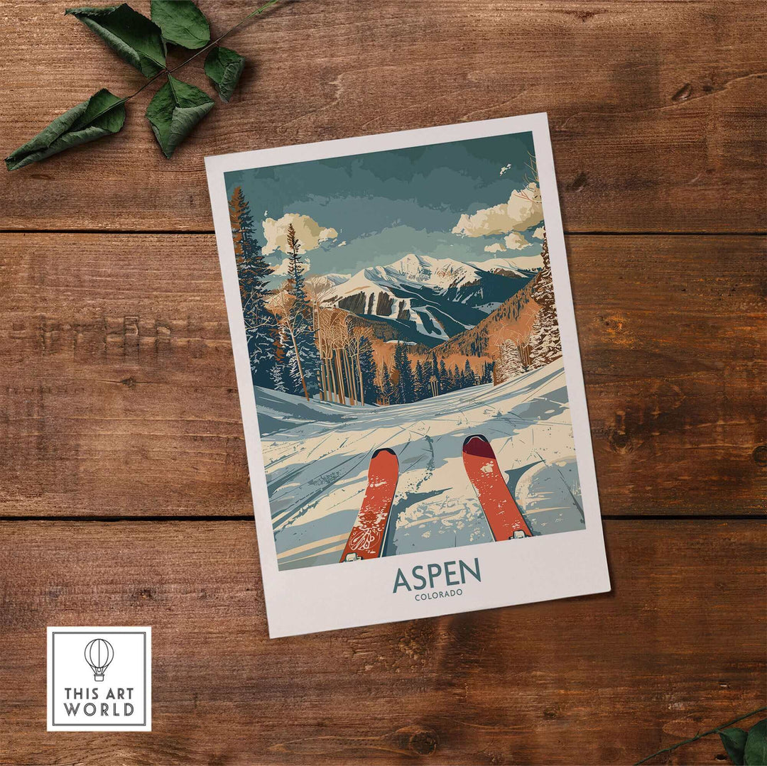 Aspen Ski Print featuring snowy mountains and ski tracks, capturing Colorado's winter beauty for home decor enthusiasts.