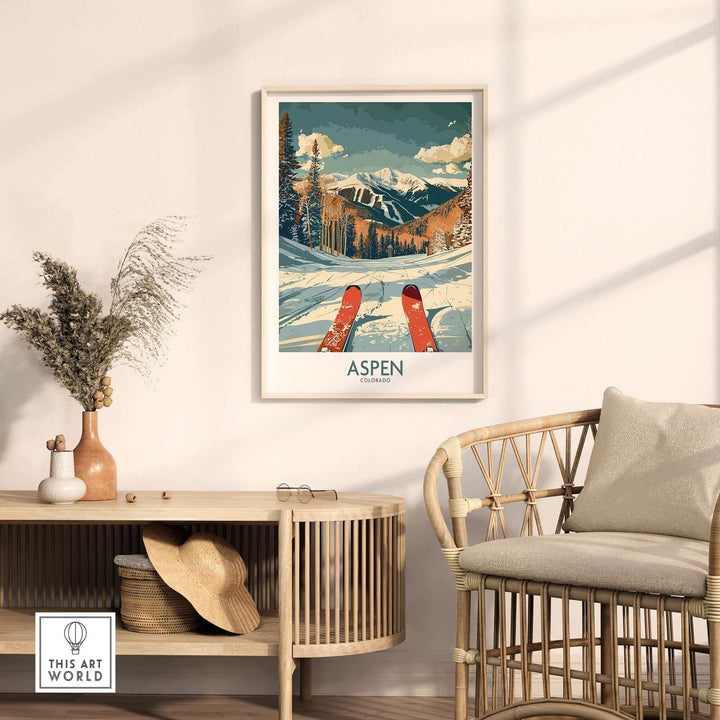 Aspen Ski Print showcasing a scenic mountain view with skis, perfect for ski enthusiasts and home decor.