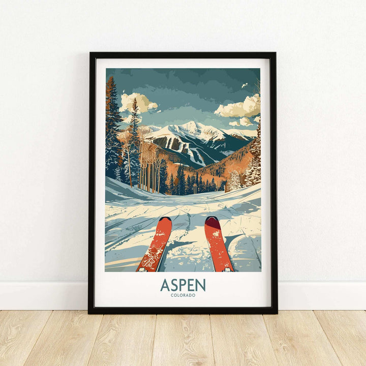 Aspen Ski Print showcasing snowy slopes and mountains in Colorado, perfect for ski enthusiasts and home decor.