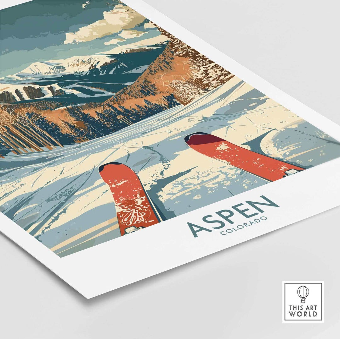 Aspen Ski Print showcasing colorful mountains and ski slopes, perfect for nature lovers and home decor enthusiasts.