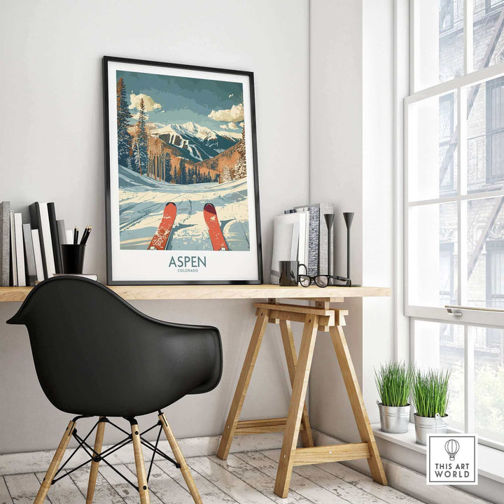 Aspen Ski Print showcasing Colorado's mountains, perfect for home decor and ski enthusiasts in a stylish office setting.