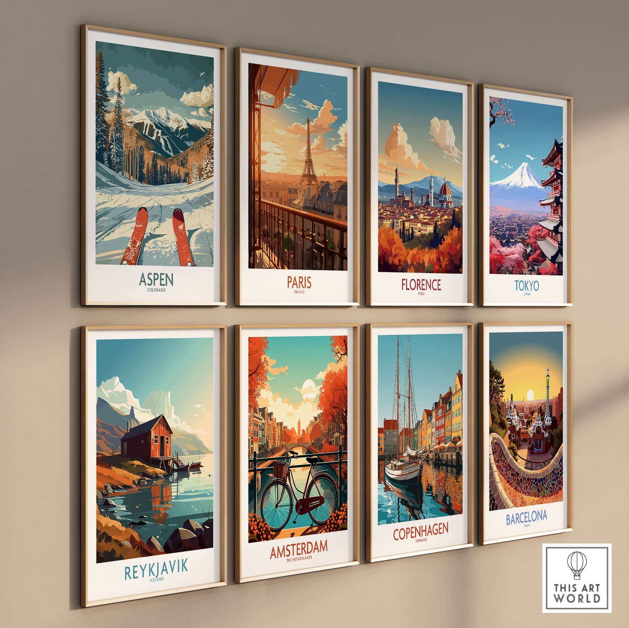 Collection of vibrant travel posters featuring Aspen, Paris, Florence, Tokyo, Reykjavik, Amsterdam, Copenhagen, and Barcelona.