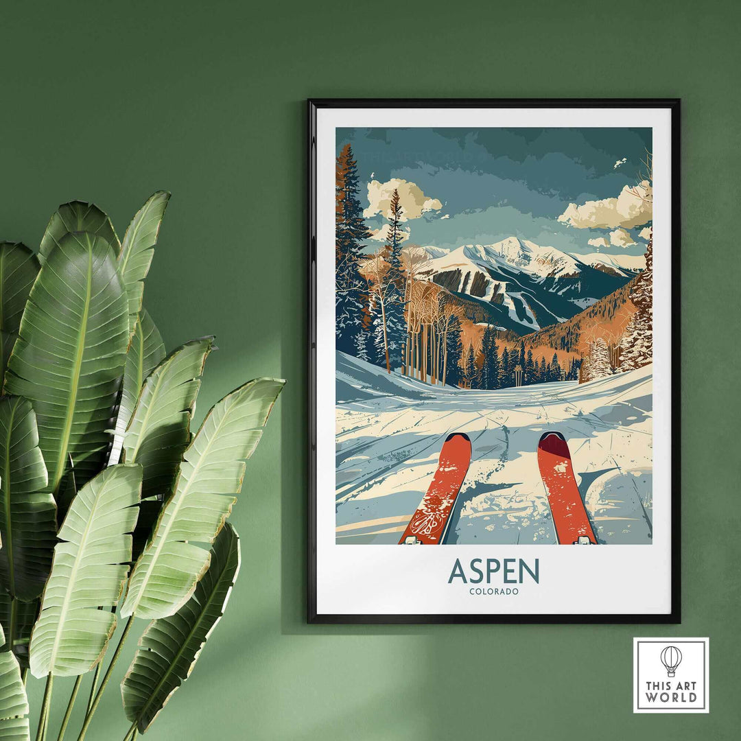 Aspen Ski Print showcasing Colorado's mountains and snowy slopes, perfect for home decor and ski enthusiasts.