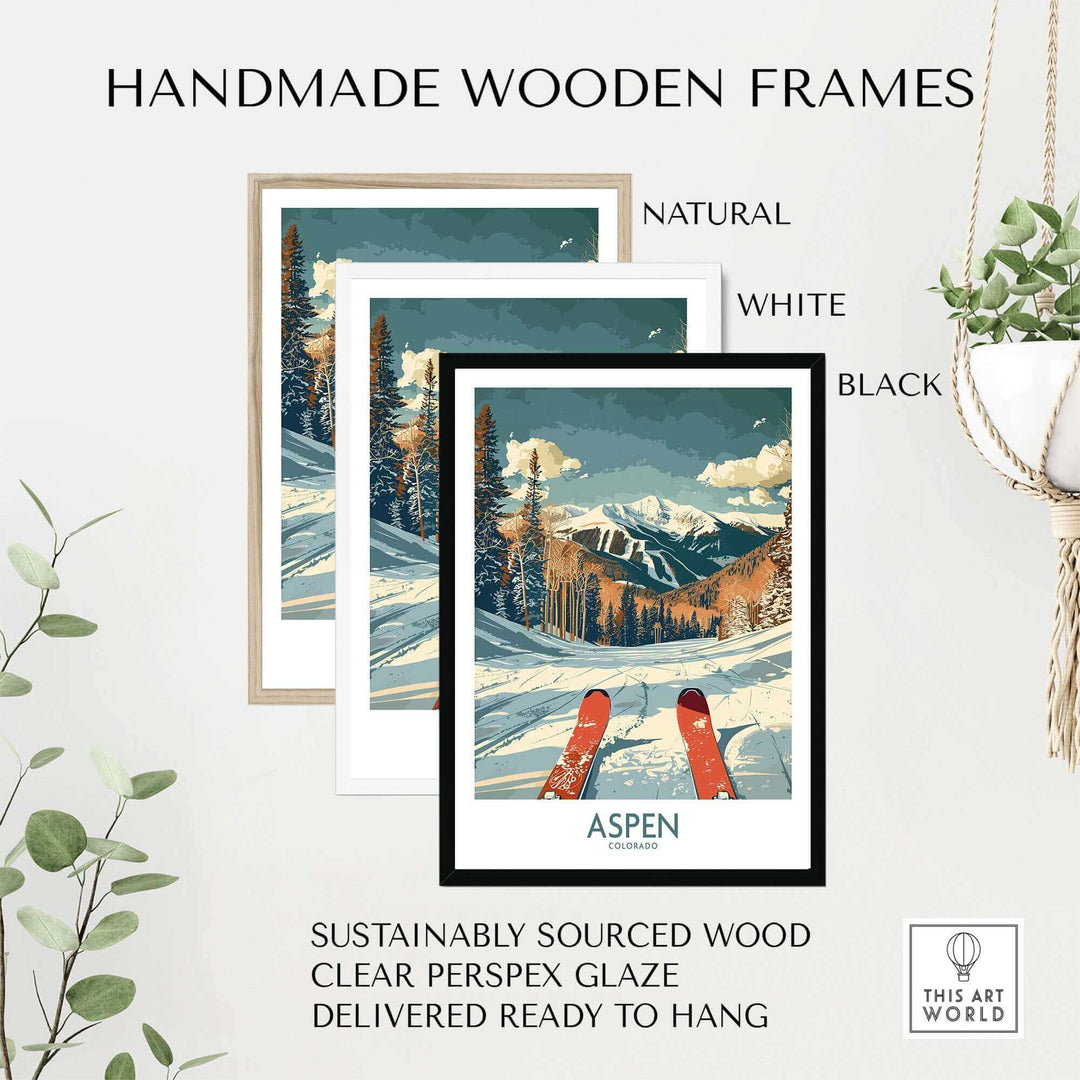 Handmade wooden frames in natural, white, and black for Aspen ski print, sustainably sourced and ready to hang.