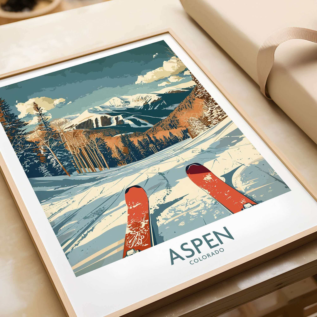 Aspen Ski Print featuring snowy slopes and mountains in Colorado, perfect for ski enthusiasts and home decor.